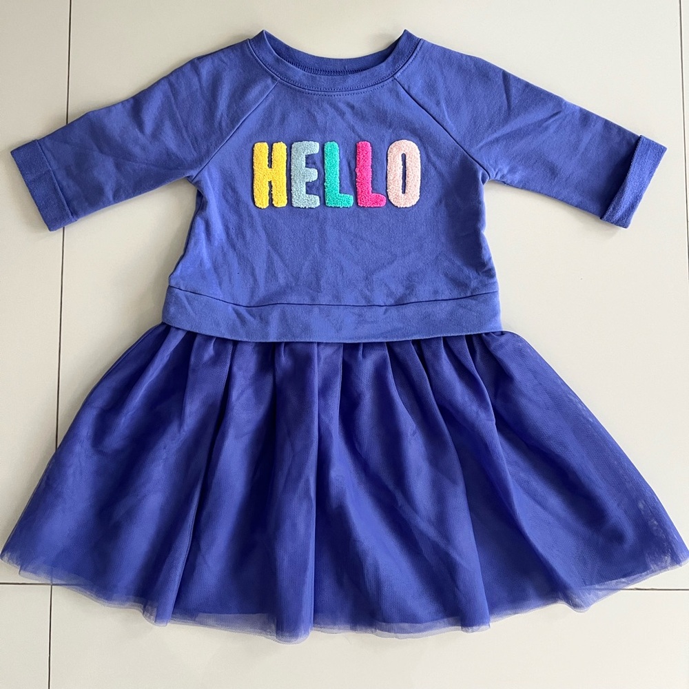 Blue Kids Dress with Colorful 'HELLO' Design
